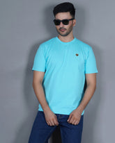 Men's Sky Blue Crew Neck T-Shirt - Gold Finish Cotton | EPG