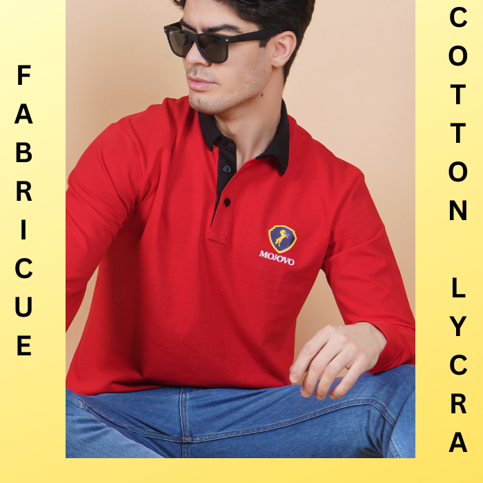 men full sleeve polo pure cotton lycra t shirt ruby red color soft breathable gold finish true fabric true color