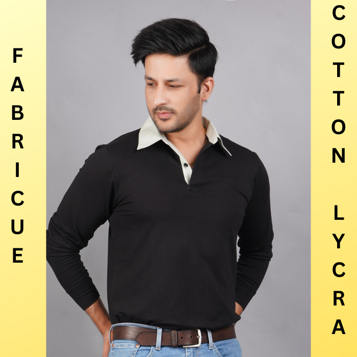 “men full sleeve polo pure cotton lycra t shirt black soft breathable gold finish true fabric true color”