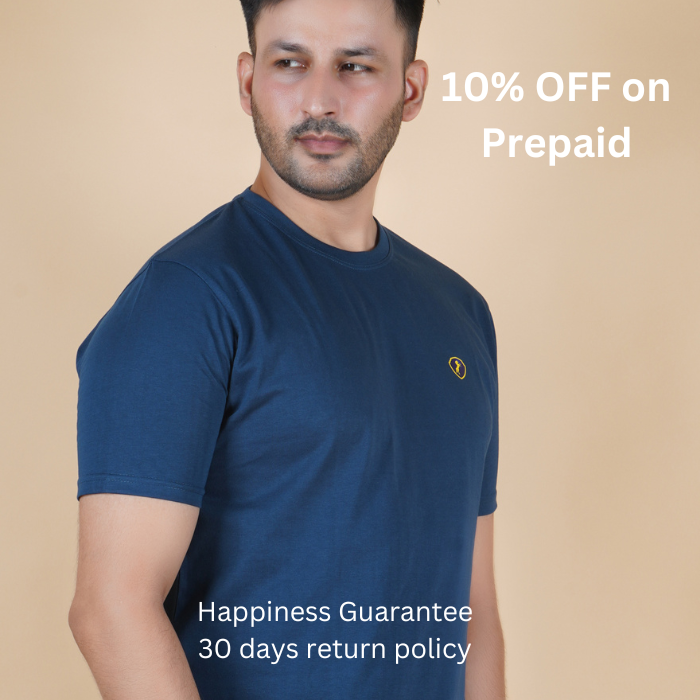 men pure cotton half sleeve round neck t shirt airforce blue deep muted blue color left side view accurate fit true size holds shape