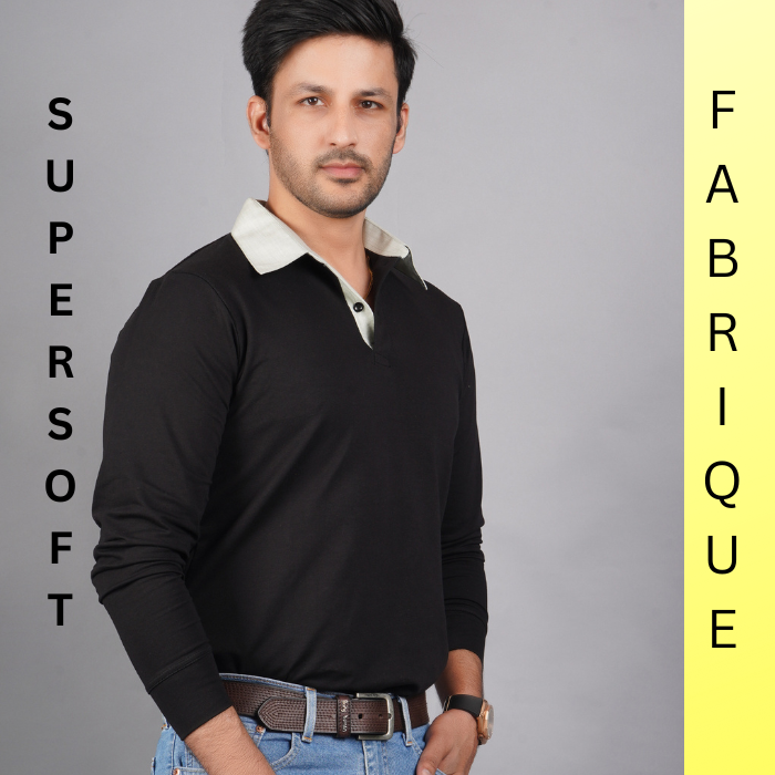 men pure cotton lycra full sleeve polo t shirt black side view accurate fit true size holds shape