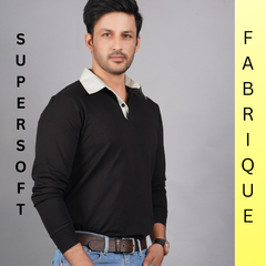 men pure cotton lycra full sleeve polo t shirt black side view accurate fit true size holds shape