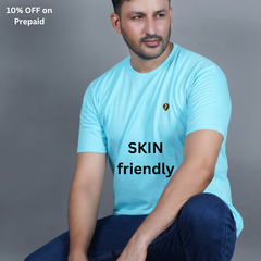 sitting men half sleeve pure cotton round neck t shirt sky blue light blue color soft breathable gold finish true fabric true color true size