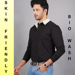 men pure cotton lycra full sleeve polo t shirt black left side view accurate fit true size holds shape