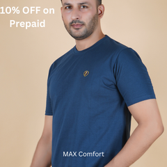 men pure cotton half sleeve round neck t shirt airforce blue deep muted blue color right side view accurate fit true size holds shape