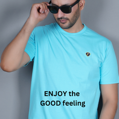 men wearing pure cotton half sleeve round neck t shirt sky blue light blue color breathable everyday wear premium comfort