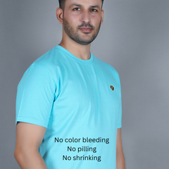 men half sleeve pure cotton round neck t shirt sky blue light blue color soft breathable gold finish true fabric true color