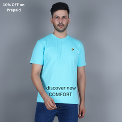 men half sleeve pure cotton round neck t shirt sky blue light blue color soft breathable gold finish true fabric true color true size
