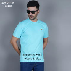 men wearing pure cotton half sleeve round neck t shirt sky blue light blue color breathable everyday wear premium comfort true size true fit