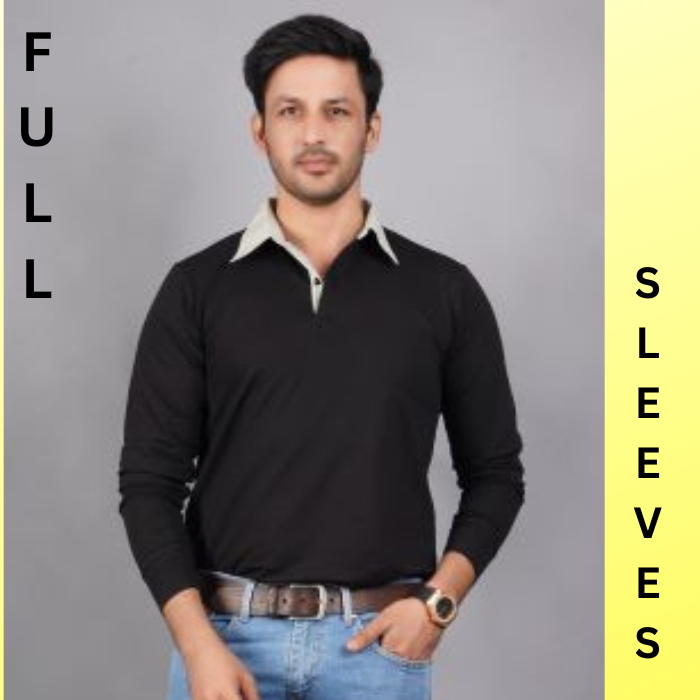 ront view men full sleeve polo pure cotton lycra t shirt black soft breathable gold finish true fabric true color