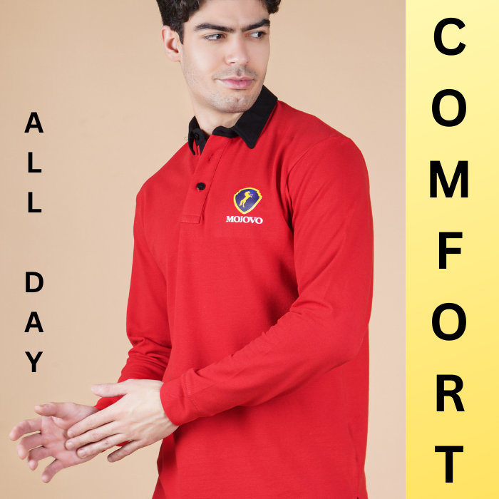 men pure cotton lycra full sleeve polo t shirt ruby red color side view accurate fit true size holds shape