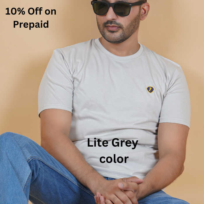 men wearing pure cotton half sleeve round neck t shirt lite gray light grey color breathable everyday wear premium comfort