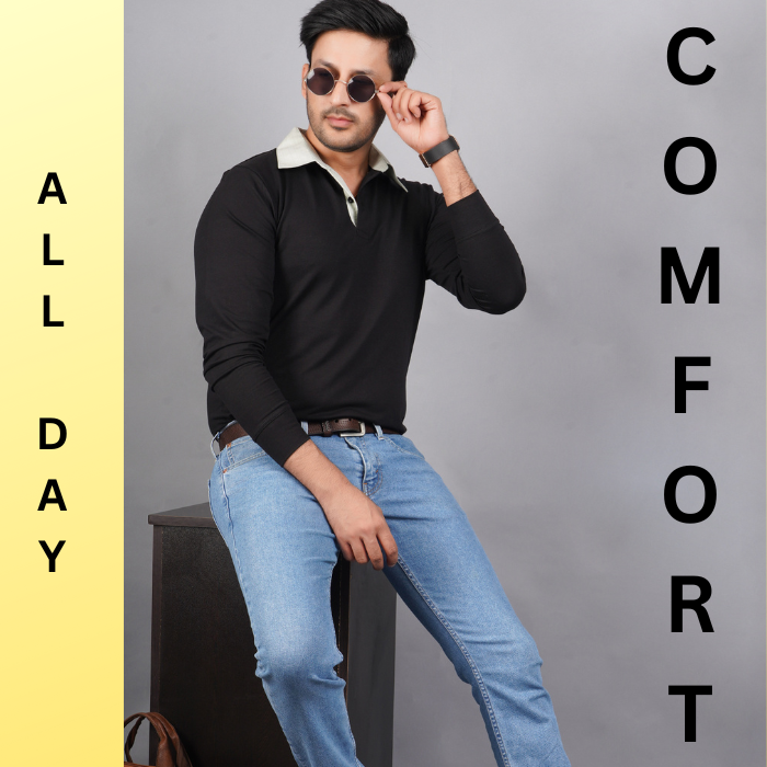 men’s outfit shot wearing pure cotton lycra full sleeve black polo t shirt breathable everyday wear premium comfort paired with EPG light blue jeans