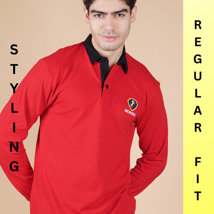 full sleeve detail cotton lycra t shirt ruby red color soft stretch durable true fabric with contrast black fabric collar