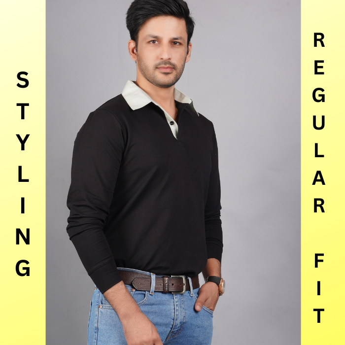 side view shot men pure cotton lycra full sleeve polo t shirt black side view accurate fit true size holds shape never deforms