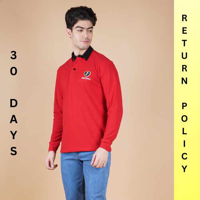 men wearing pure cotton lycra full sleeve polo t shirt ruby red color breathable everyday wear premium comfort paired with EPG premium light blue jeans