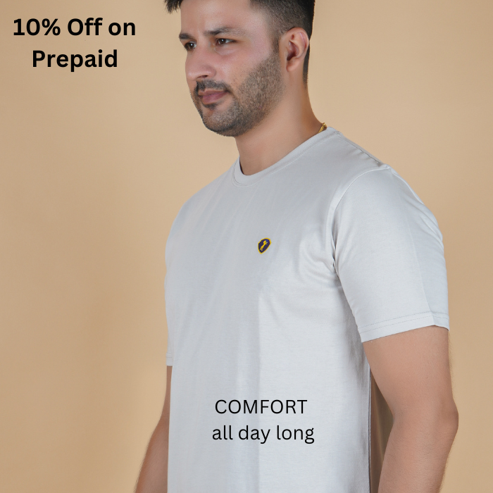 men pure cotton half sleeve round neck t shirt lite gray light grey color side view accurate fit true size holds shape