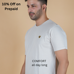 men pure cotton half sleeve round neck t shirt lite gray light grey color side view accurate fit true size holds shape