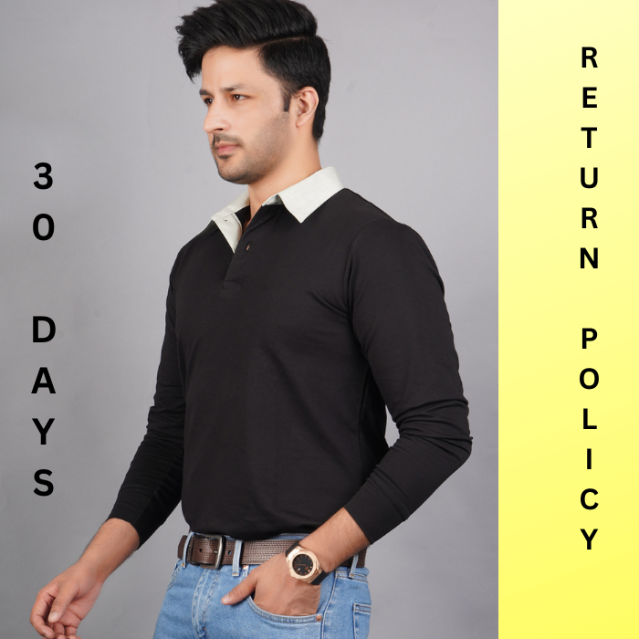 men pure cotton lycra full sleeve polo t shirt black side view accurate fit true size contrast color view