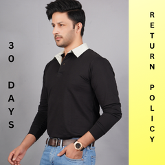 men pure cotton lycra full sleeve polo t shirt black side view accurate fit true size contrast color view