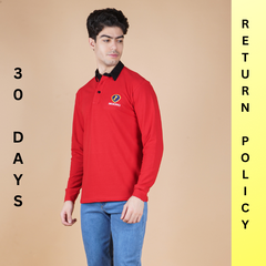 men wearing pure cotton lycra full sleeve polo t shirt ruby red color breathable everyday wear premium comfort paired with EPG premium light blue jeans