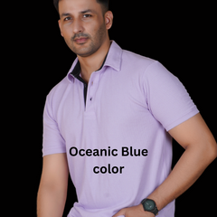 Ocean Blue Cotton Fabdot Structure Fabric Men's Classic Collar Polo