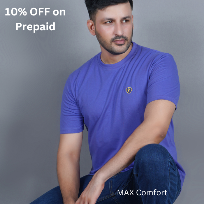 sitting pose men half sleeve pure cotton round neck t shirt mauve pale grayish purple color soft breathable gold finish true fabric true color true size