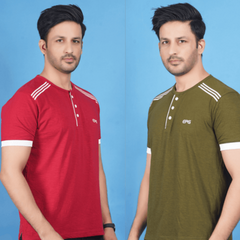 Combo of Cotton Slub Henley for Men - Crimson Red & Army Green