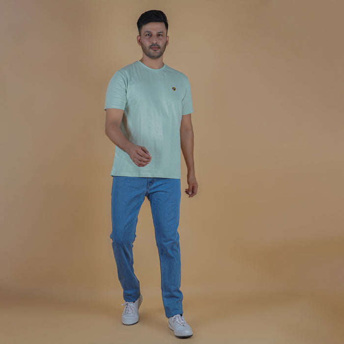 men half sleeve pure cotton round neck t shirt pistachio light yellow green color soft breathable gold finish true fabric true color