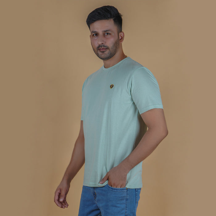 men pure cotton half sleeve round neck t shirt pistachio light yellow green color side view accurate fit true size holds shape