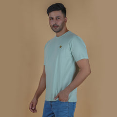men pure cotton half sleeve round neck t shirt pistachio light yellow green color side view accurate fit true size holds shape
