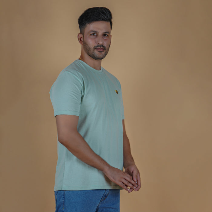 left view men pure cotton half sleeve round neck t shirt pistachio light yellow green color side view accurate fit true size holds shape