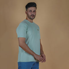 left view men pure cotton half sleeve round neck t shirt pistachio light yellow green color side view accurate fit true size holds shape