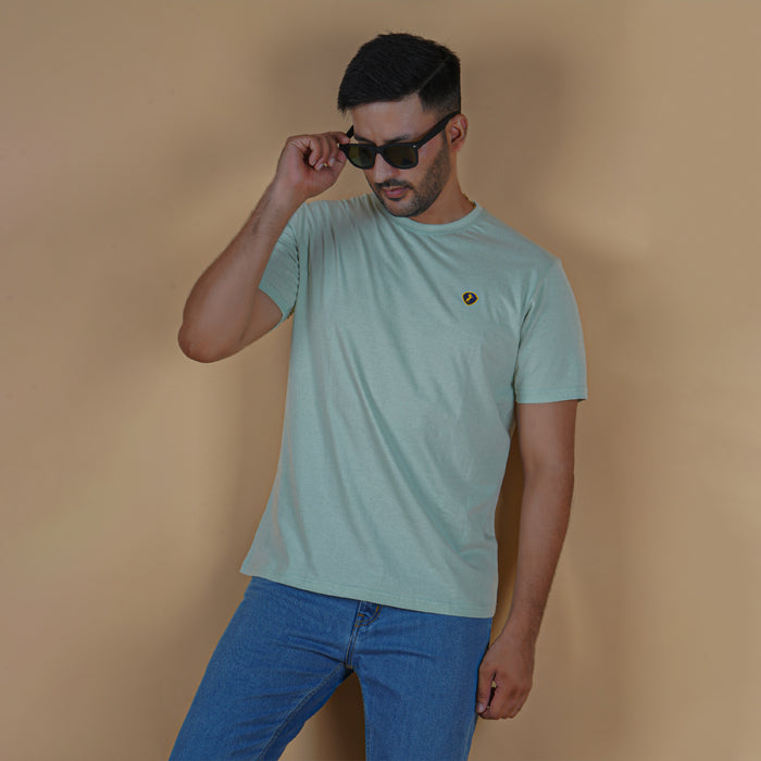 men half sleeve pure cotton round neck t shirt pistachio light yellow green color soft breathable gold finish true fabric true color