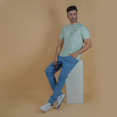 men wearing pure cotton half sleeve round neck t shirt pistachio light yellow green color breathable everyday wear premium comfort