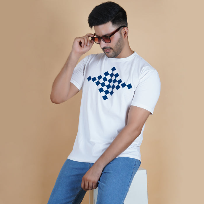 men wearing pure cotton lycra half sleeve round neck t shirt pearl white soft white color digital chest print breathable everyday wear premium comfort sitting on stool