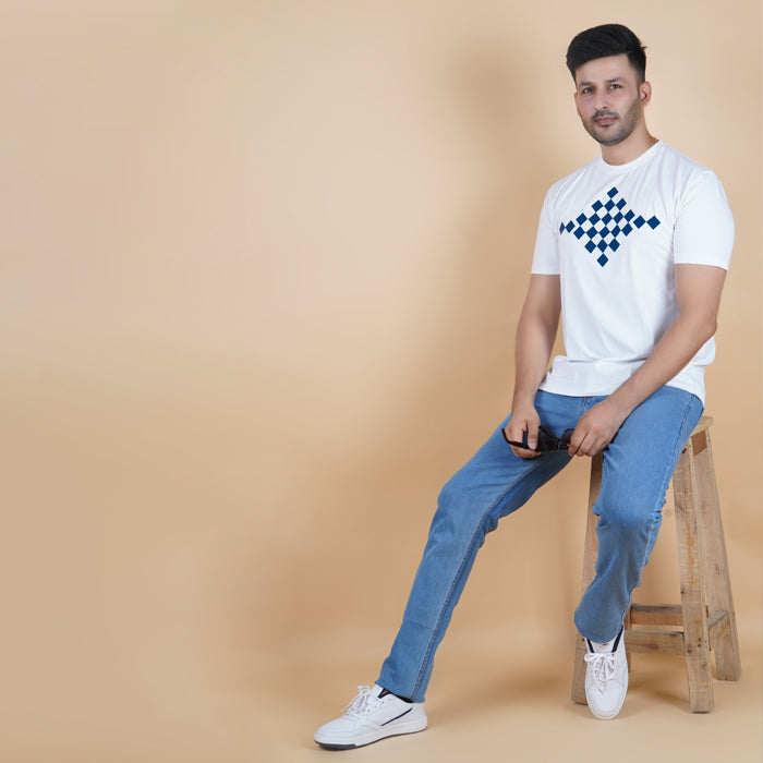 men wearing pure cotton lycra half sleeve round neck t shirt pearl white soft white color digital chest print breathable everyday wear premium comfort paired with cotton stretch EPG light blue jeans