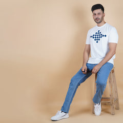 men wearing pure cotton lycra half sleeve round neck t shirt pearl white soft white color digital chest print breathable everyday wear premium comfort paired with cotton stretch EPG light blue jeans