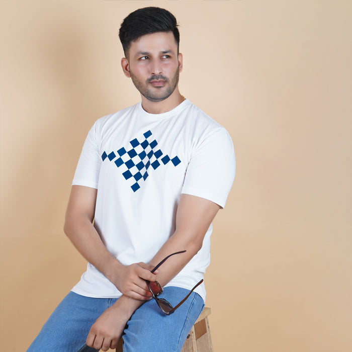 men wearing pure cotton lycra half sleeve round neck t shirt pearl white soft white color digital chest print breathable everyday wear premium comfort