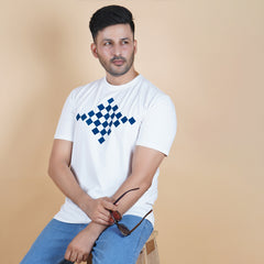 men wearing pure cotton lycra half sleeve round neck t shirt pearl white soft white color digital chest print breathable everyday wear premium comfort