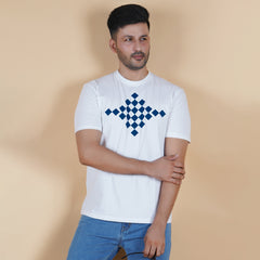men pure cotton lycra half sleeve round neck t shirt pearl white soft white color side view digital chest print partially visible accurate fit true size holds shape no sag no shrink