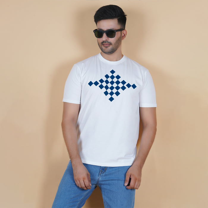 men pure cotton lycra half sleeve round neck t shirt pearl white soft white color side view digital chest print partially visible accurate fit true size true fabric holds shape no shrink no sag holds shape