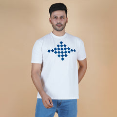 men half sleeve pure cotton lycra round neck t shirt pearl white soft white color with digital chest print soft breathable gold finish true fabric true color