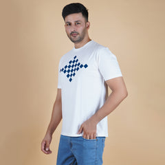 men pure cotton lycra half sleeve round neck t shirt pearl white soft white color left side view digital chest print partially visible accurate fit true size holds shape