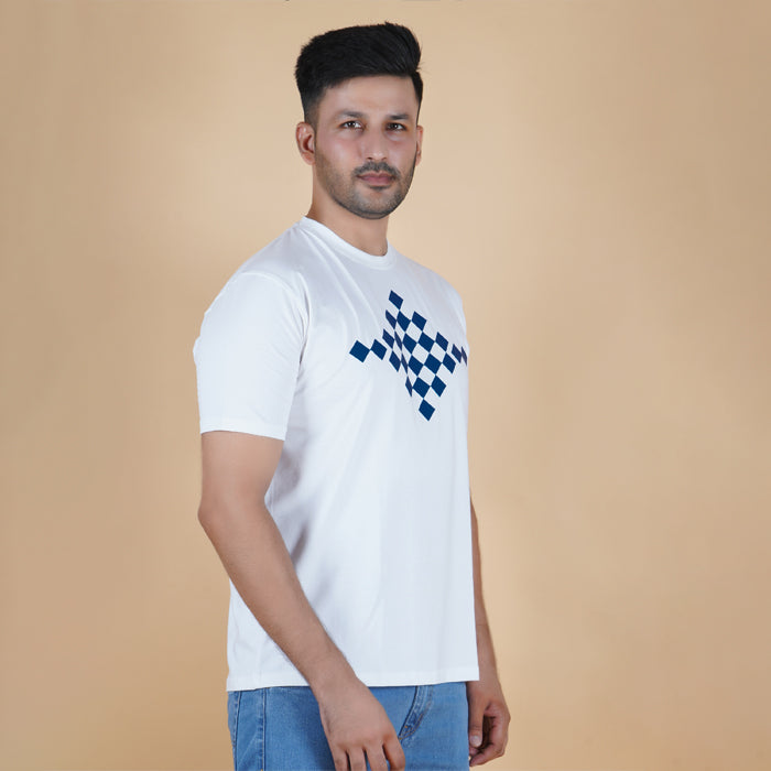 men pure cotton lycra half sleeve round neck t shirt pearl white soft white color right side view digital chest print partially visible accurate fit true size holds shape