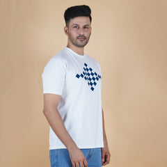 men pure cotton lycra half sleeve round neck t shirt pearl white soft white color right side view digital chest print partially visible accurate fit true size holds shape