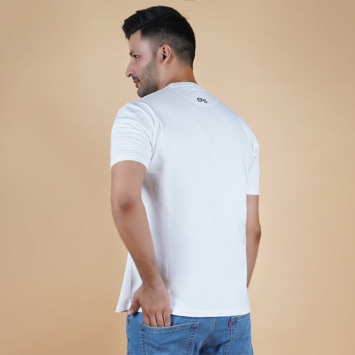 men pearl white soft white color pure cotton lycra half sleeve round neck t shirt back view no print true size durable fabric won’t deform