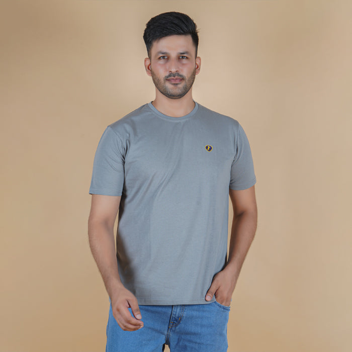 men half sleeve pure cotton round neck t shirt charcoal grey dark grey color soft breathable gold finish true fabric true color