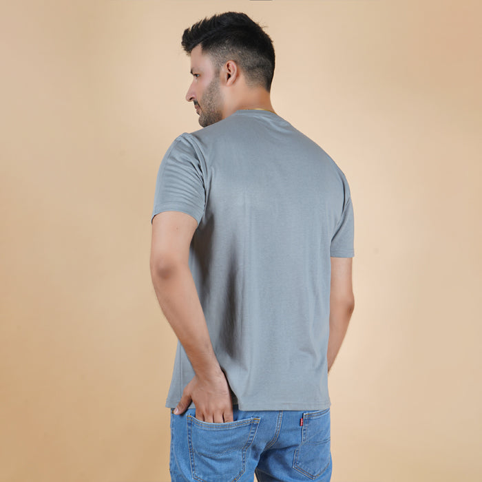 men charcoal grey dark grey color pure cotton half sleeve round neck t shirt back view true size durable fabric won’t deform