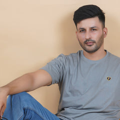 half sleeve detail pure cotton round neck t shirt charcoal grey dark grey color soft stretch durable true fabric